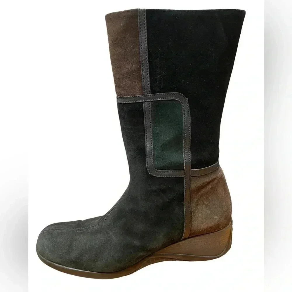 Aquatalia Black/Brown Green Suede ColourBlock Wedge Italian Boots Size 10